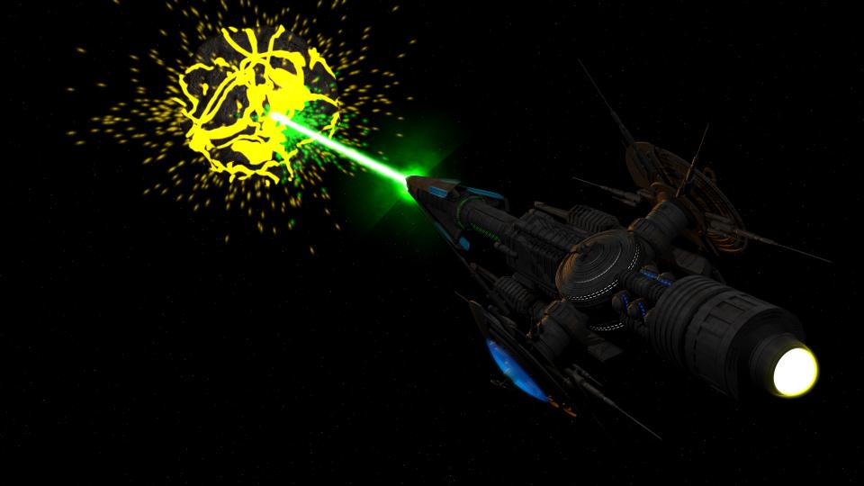 The Javelin Cruiser's primary weapon is the hypertron cannon - basically the entire ship is built around it. With it, the 4,400 meter long ship is capable of ripping apart entire planets, if fully charged.